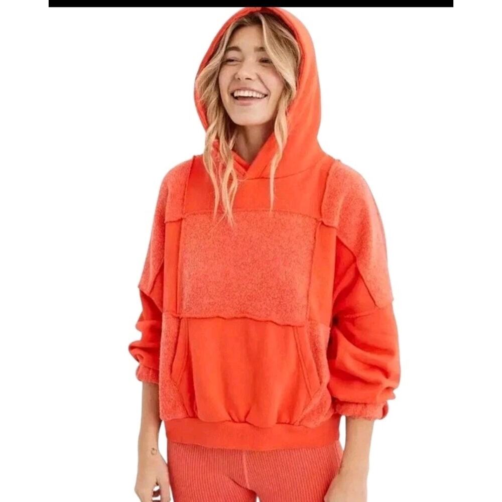 Aerie Coral Orange Hoodie Sweatshirt Pullover Patchwork Soft Comfy beach Small